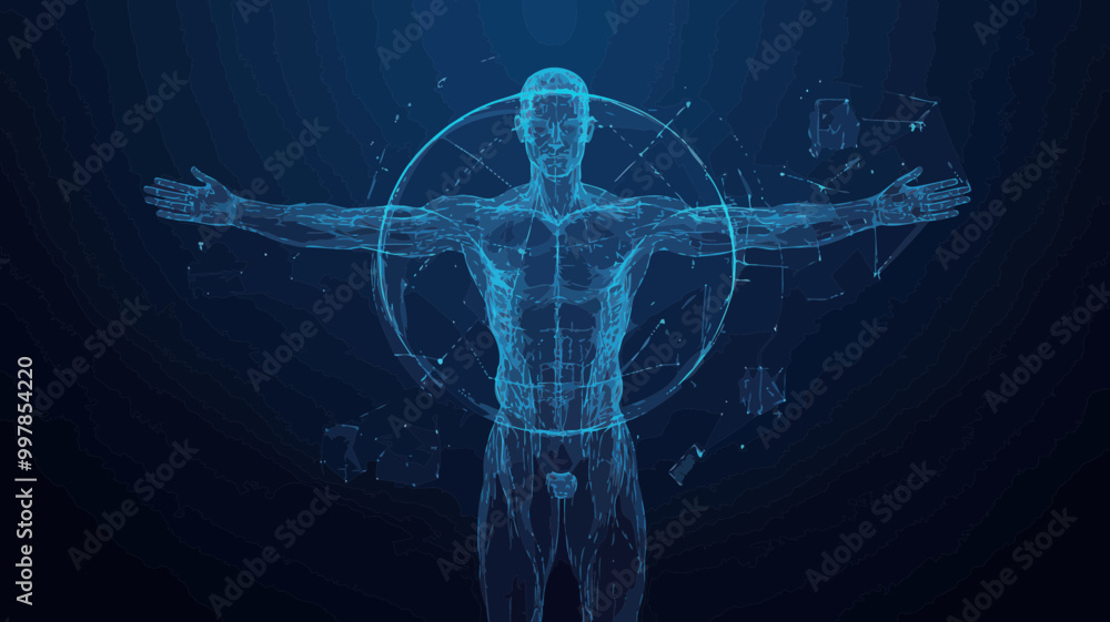 Poster digital abstract vitruvian man covered by hands - low poly wireframe vector for science and anatomy 