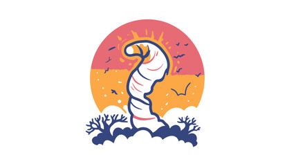 Naklejka premium Colorful Tornado Icon with Sunset Background and Birds, Trendy Thin Line Vector for Weather and Storm Concepts