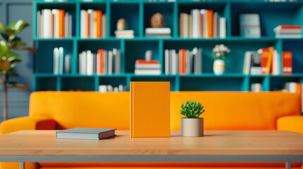 Realistic Book Cover Mockup on Table with Plant