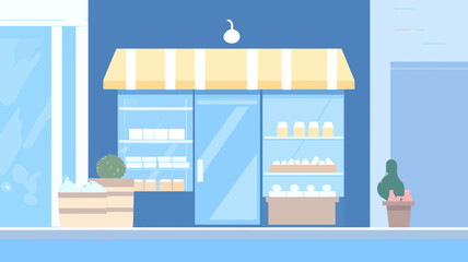 Obraz premium Charming Local Storefront with Striped Awning and Display of Products Including Jars, Boxes, and Potted Plants - Vector Illustration for Retail Shopping and Small Business Themes