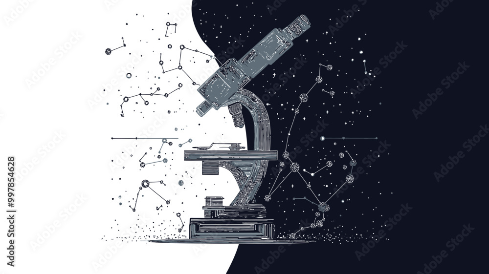 Aufkleber abstract science illustration with mash line microscope and cosmic background - minimalist flat vect