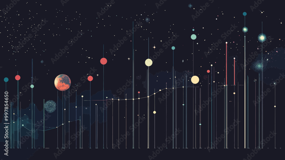 Aufkleber abstract growth chart in starry sky with planets and universe, minimalist vector wireframe concept f