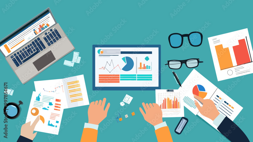 Poster collaborative business team analyzing marketing and accounting data reports - teamwork concept for e