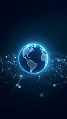 Title: Glowing globe with connected digital nodes, symbolizing global technology networks and digital innovation
