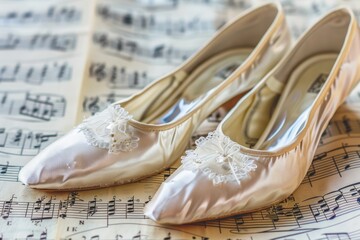 Close up of elegant pointe shoes resting on vintage musical score with classical notes in the air