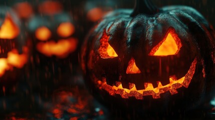 A Glowing Jack-O-Lantern with a Ghastly Grin in a Rainy Night