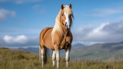 Obraz premium A picturesque Icelandic horse standing in a grassy field, with distant mountains and a blue sky behind it.