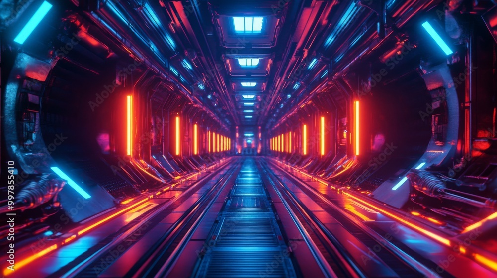 Aufkleber a striking corridor features bright neon lights in blue and red, creating a high-tech ambiance