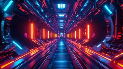 A striking corridor features bright neon lights in blue and red, creating a high-tech ambiance