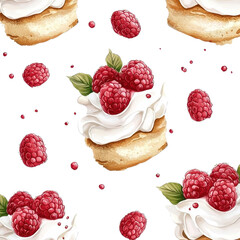 Watercolor seamless pattern of raspberry shortcake, isolated on a white background, offering an artistic and creative depiction. PNG