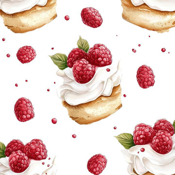 Watercolor seamless pattern of raspberry shortcake, isolated on a white background, offering an artistic and creative depiction. PNG