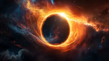 A view of a black hole in space, with light bending around its event horizon.