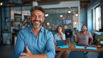 Fototapeta premium Energetic Businessman Smiling in Modern Office Setting