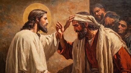 Painting of Jesus healing the blind man in biblical times