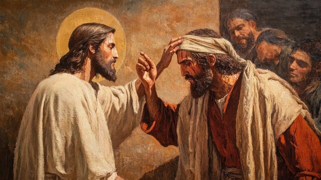 Painting of Jesus healing the blind man in biblical times