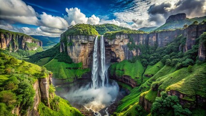 Majestic Angel Falls tumbles gracefully down lush green cliffs, showcasing Venezuela’s breathtaking natural beauty and