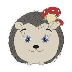 Vector hedgehog with toadstool on the head. A mushroom on the spines of a hedgehog. Hedgehog isolated transparent background can used t-shirt print textile wall decor. Hand drawn children art. EPS 10