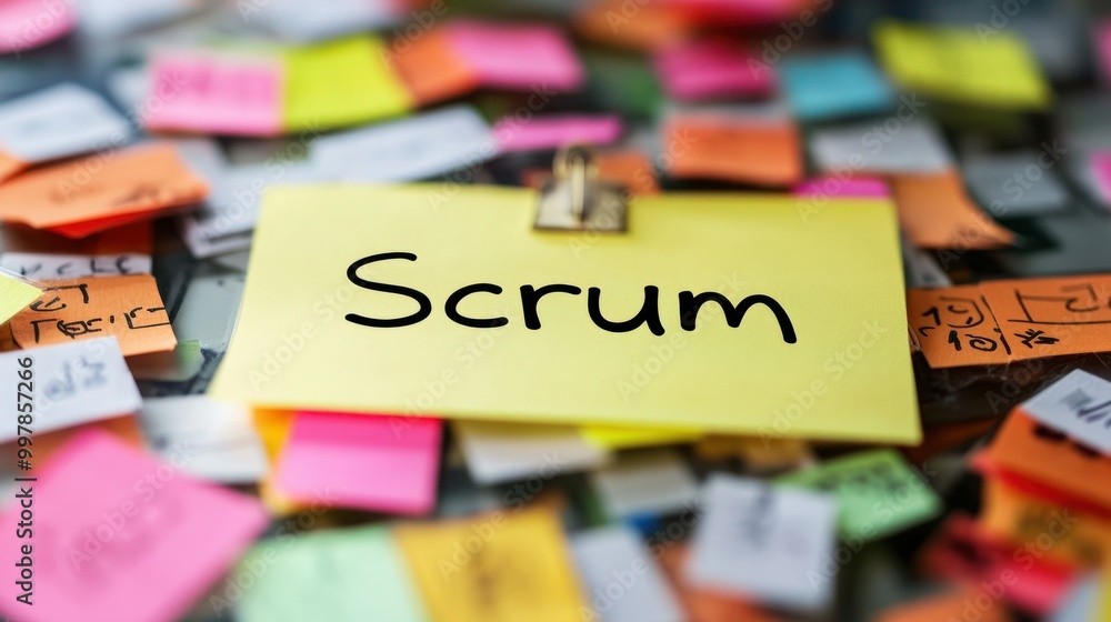Poster scrum agile business board with a sticky note with the word 