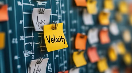 Scrum Agile business board with a sticky note with the word "Velocity"