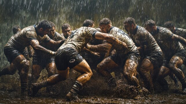 Rugby scrum in the mud: A powerful image depicting the intensity of a rugby scrum, showcasing the grit, determination, and teamwork of the players. The mud splattered on their bodies tells a story of