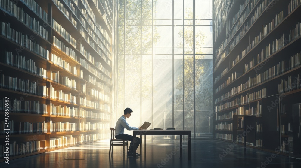 Poster A man is sitting at a table in a library, reading a book. Sunlight streams through the large windows, illuminating the rows of bookshelves lining the walls