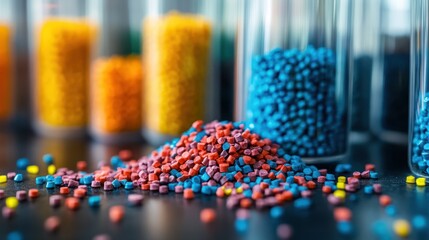 several dyed plastic polymer granulates in laboratory