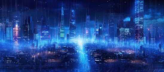 Fototapeta premium Cyberpunk Cityscape with Glowing Towers and Digital Rain