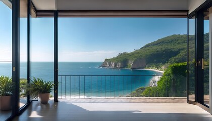 Sea views from the expansive windows of the terrace. Beachfront accommodation with a black balcony. contemporary interior des.ign studio mockup
