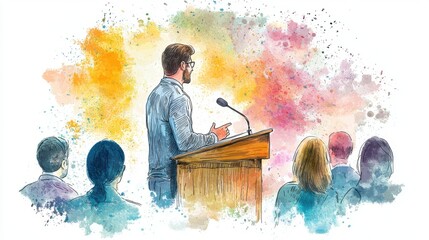 A speaker presenting at a podium, surrounded by an engaged audience, illustrated with colorful watercolor effects.