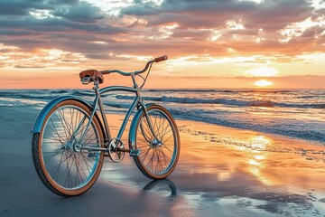 Obraz premium A vintage bicycle parked on the beach during a beautiful sunset, capturing a serene moment by the ocean.