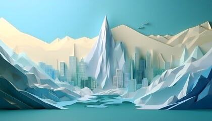 Fototapeta premium Concepts about environmental impact A melting glacier with a business city skyline in the background in layers of pastel paper.