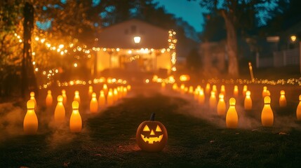 Spooky Pumpkin Bowling Game in Foggy Halloween Yard with Creepy Pins and Lights