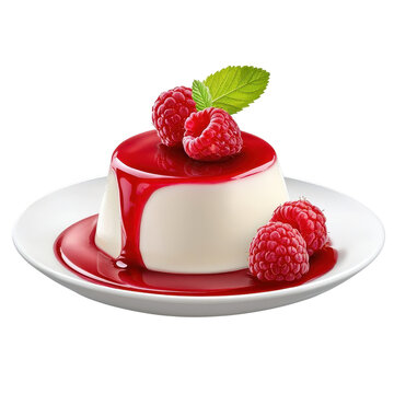 Panna cotta with oozing raspberry sauce, isolated on a white background, highlighting a rich and decadent texture. PNG