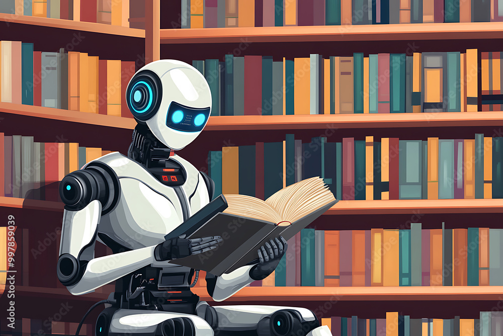 Poster a robot reading a book in a library surrounded by shelves filled with books.