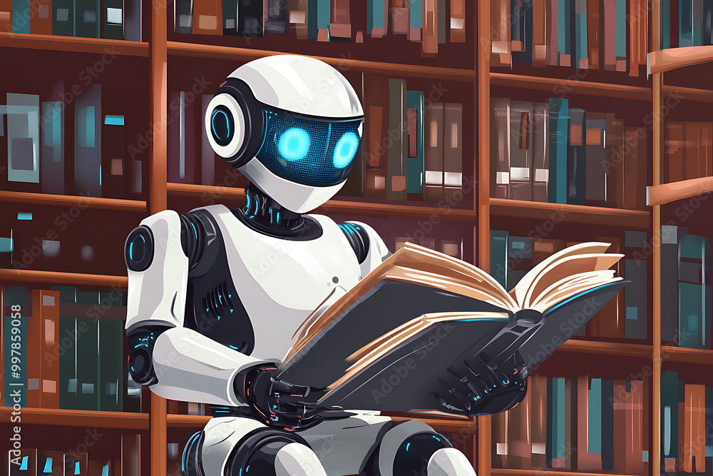 Aufkleber a robot reading a book in a library filled with bookshelves.