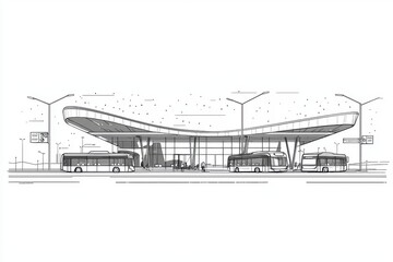 Modern bus station design with curved architecture and multiple buses waiting, showcasing urban infrastructure.