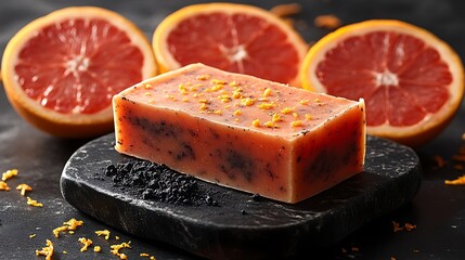 Grapefruit and activated charcoal soap bar resting on a stone dish, black marbled surface with visible grapefruit zest, fresh grapefruit slices and charcoal powder sprinkled around,