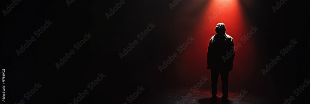 Poster in a dimly lit space, a lone figure is highlighted by a single spotlight, creating a powerful atmosp