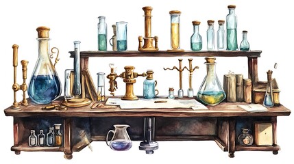 Watercolor Illustration of an Old Wooden Table with Chemistry Equipment and Books.
