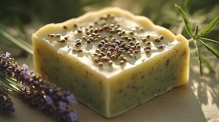Handcrafted hemp seed oil and lavender soap bar, pale green tones with lavender buds and hemp seeds embedded, surrounded by fresh lavender sprigs, soft sunlight casting warm shadows,