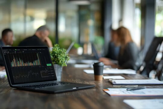 Executives analyzing market trends during a boardroom meeting, with laptops and printed reports visible, Generative AI