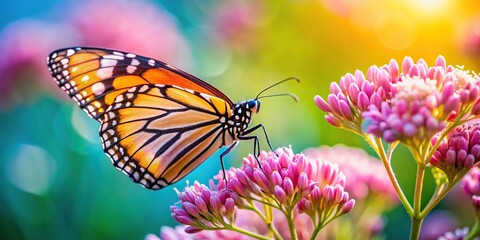 Obraz premium Extreme close-up of butterfly and flowers isolated on blurred background