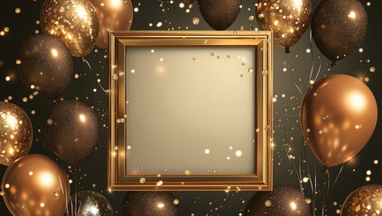 Luxurious gold and brown balloon frame with confetti, ideal for elegant party invitations, event posters, or celebratory design backgrounds.
