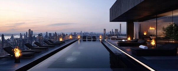 A rooftop terrace with a minimalist black infinity pool, surrounded by flame torches and sleek lounge chairs, offering city skyline views at dusk