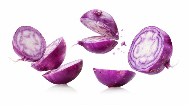 Ultra-realistic image of turnip slices gracefully falling against a pristine white background