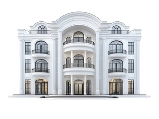 Fototapeta premium A grand white mansion with arched windows, balconies, and a stately entrance.