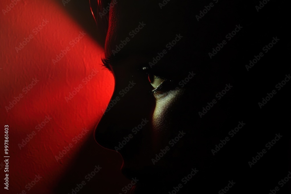 Poster in a dimly lit space, a single spotlight reveals a shadowy figure, creating an atmosphere of fear an