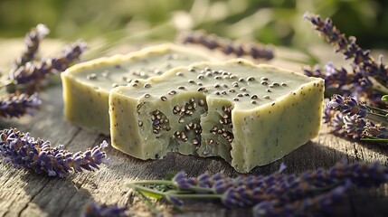 Hemp seed oil and lavender soap bar, smooth green texture with visible hemp seeds and lavender buds, surrounded by fresh lavender sprigs, bright morning sunlight creating soft shadows,