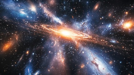 A vast, starry expanse with a swirling galaxy at the center.