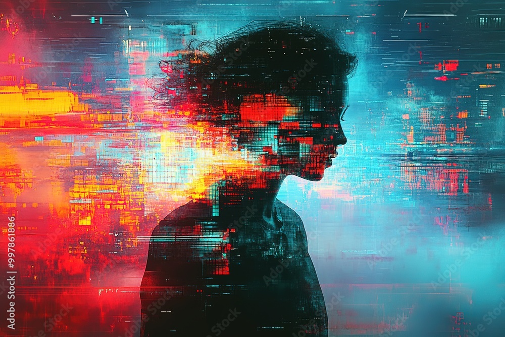 Poster side profile of person with colorful digital noise overlay